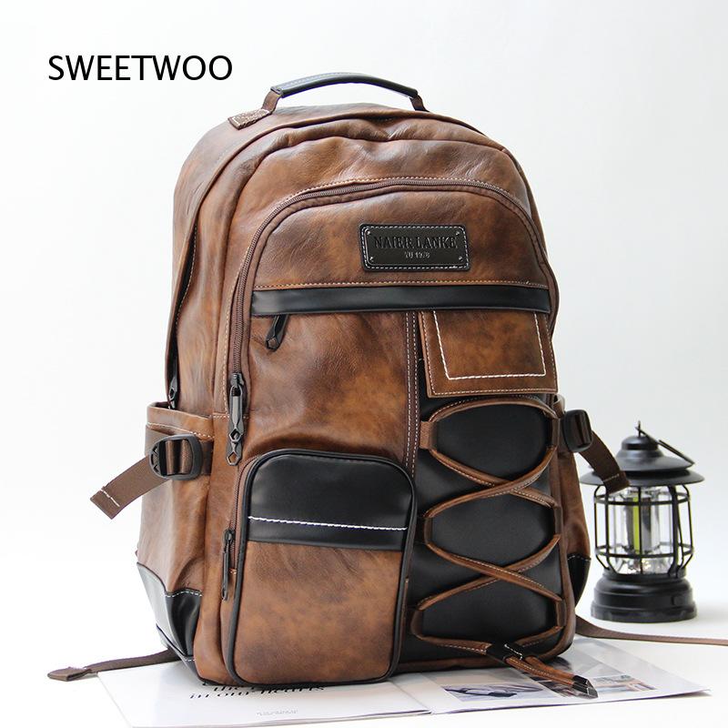 Men Brown Color Block Faux Lea - Leather Backpack Vintage recension och pris